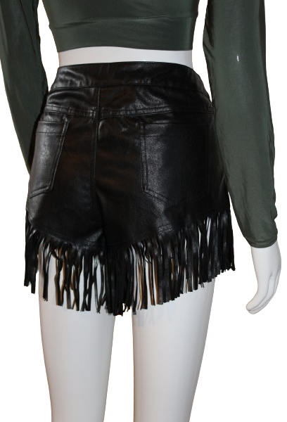 Black-faux tassels leather shorts