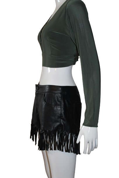 Black-faux tassels leather shorts