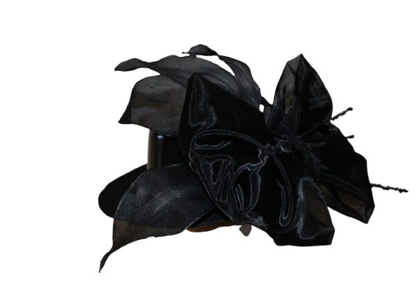Black hat with bow on side.