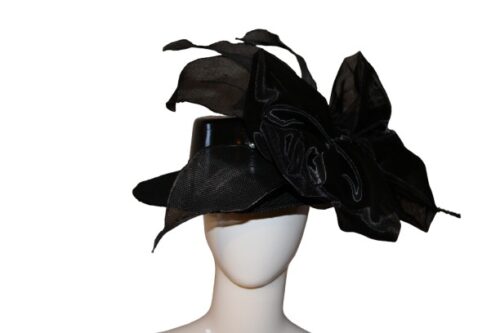 Black hat with bow on side.