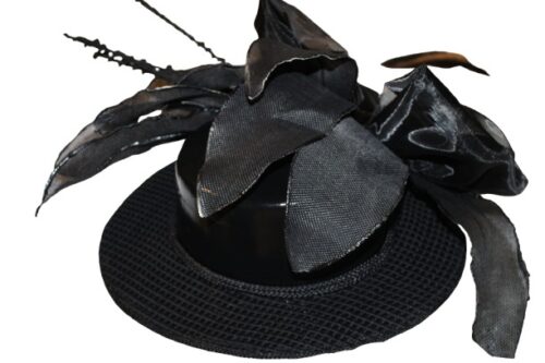 Black hat with bow on side.