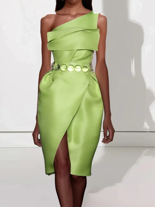Green One Shoulder Sleeveless Dress
