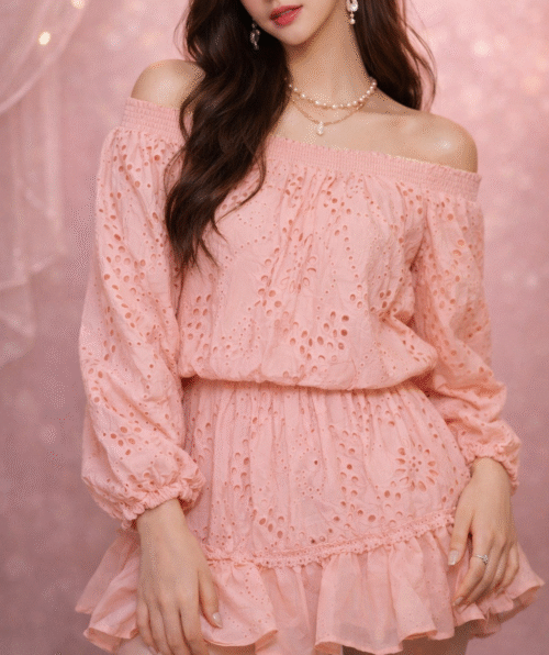 soft pink off-shoulder mini dress
