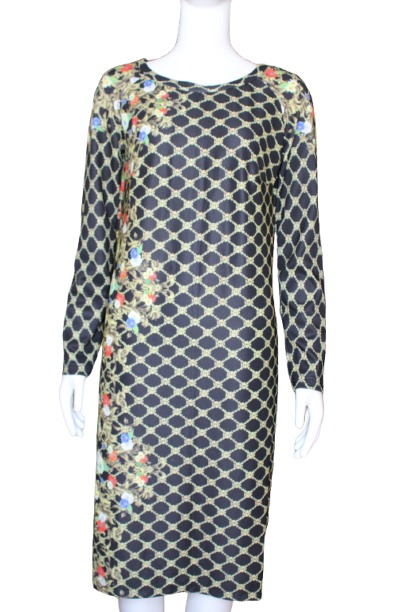 One side patern dress front1 Geometric Pattern Dress with Floral Side Detail