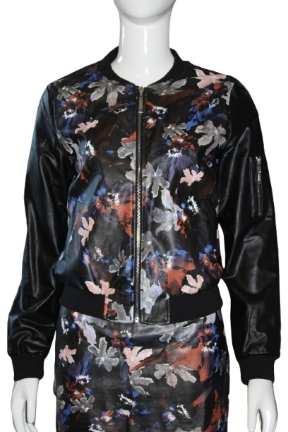 Black with color flowers patten costume front1 Costume with leaf pattern Jacket & Skirt