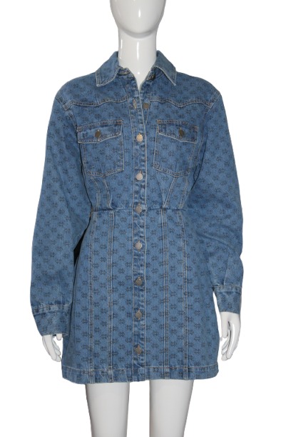 A blue denim shirt dress